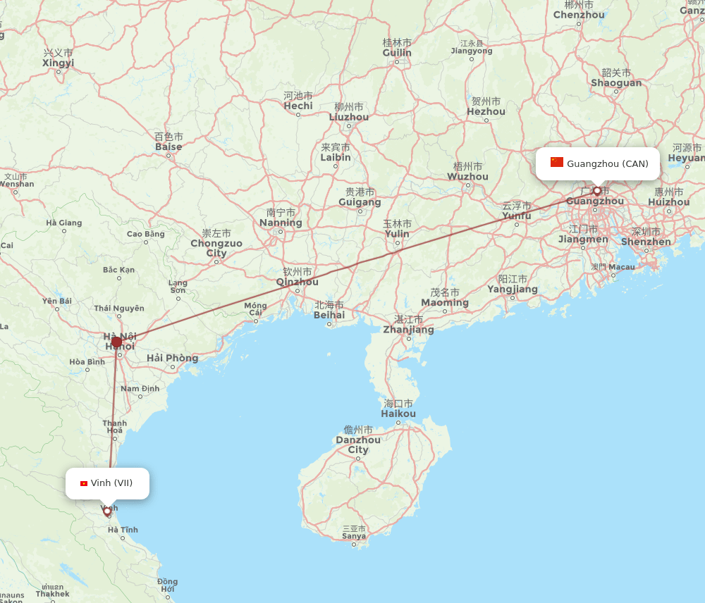Guangzhou - Vinh City route map and flight paths