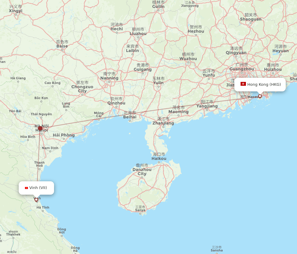 Hong Kong - Vinh City route map and flight paths