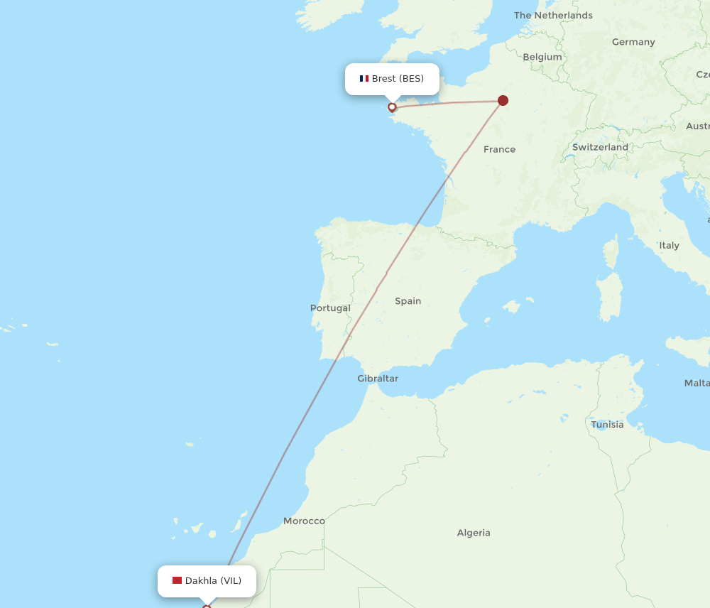 Brest - Dakhla route map and flight paths