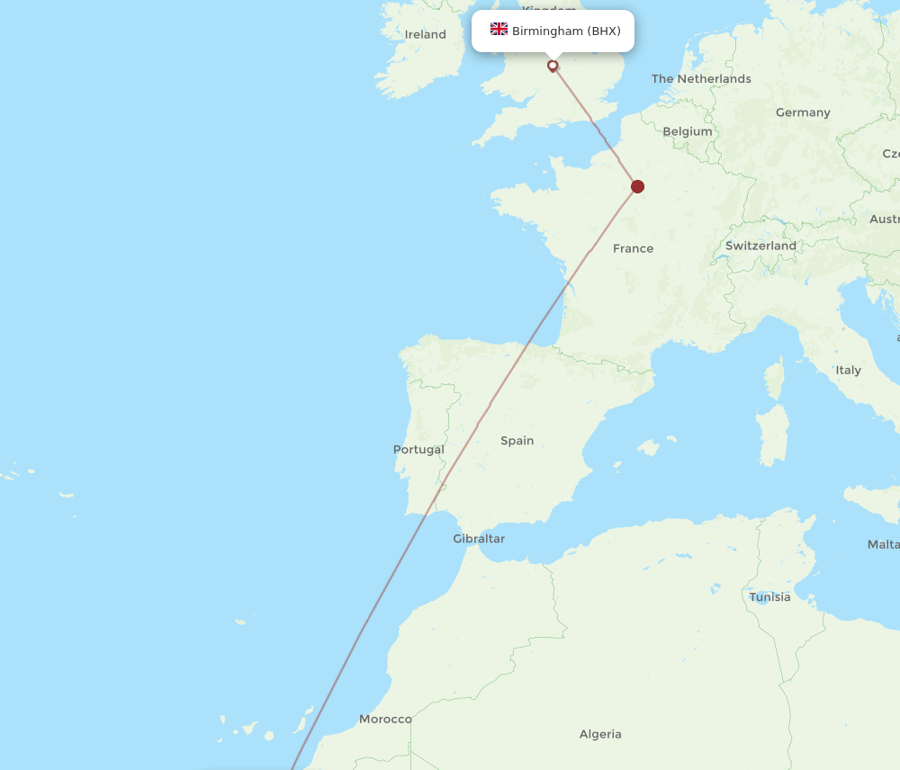 Birmingham - Dakhla route map and flight paths