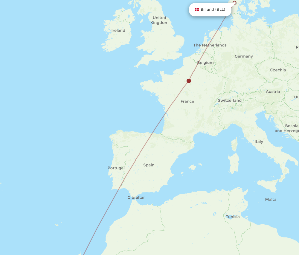 Billund - Dakhla route map and flight paths