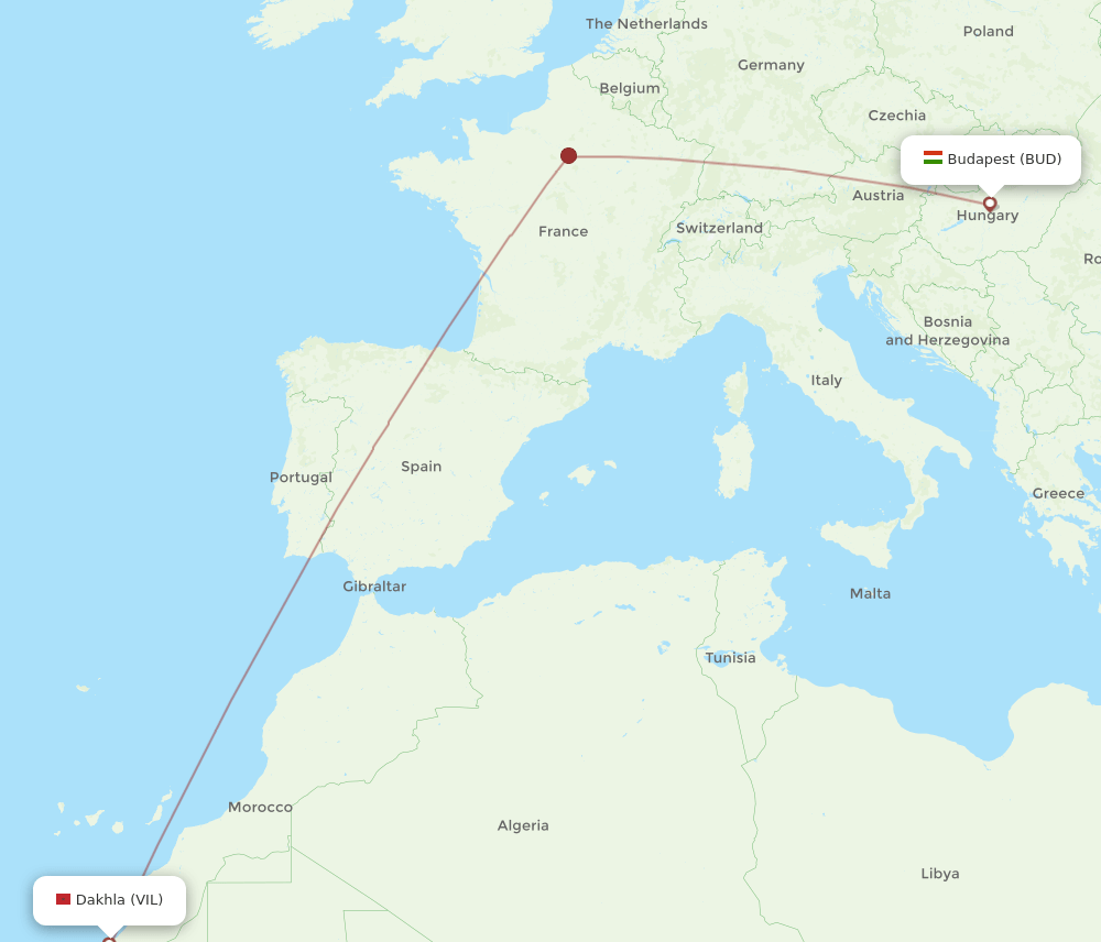 Budapest - Dakhla route map and flight paths