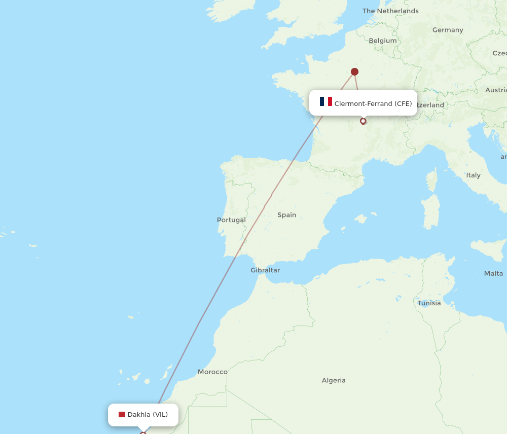 Clermont-Ferrand - Dakhla route map and flight paths