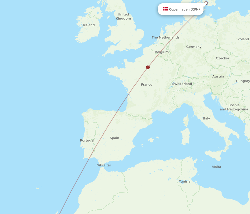 Copenhagen - Dakhla route map and flight paths