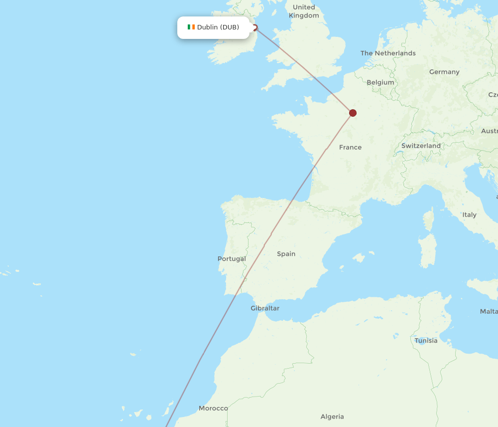 Dublin - Dakhla route map and flight paths