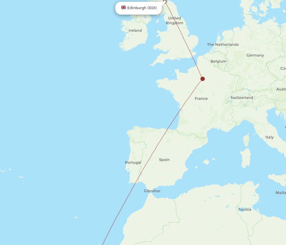 Edinburgh - Dakhla route map and flight paths