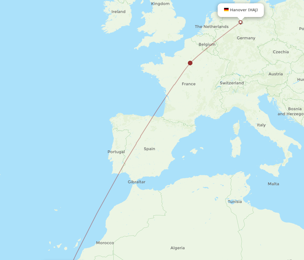 Hanover - Dakhla route map and flight paths