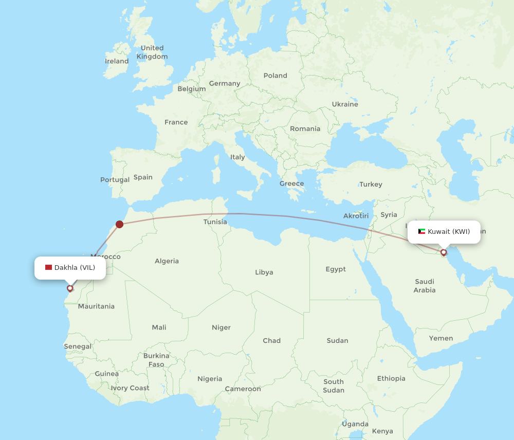 Kuwait - Dakhla route map and flight paths