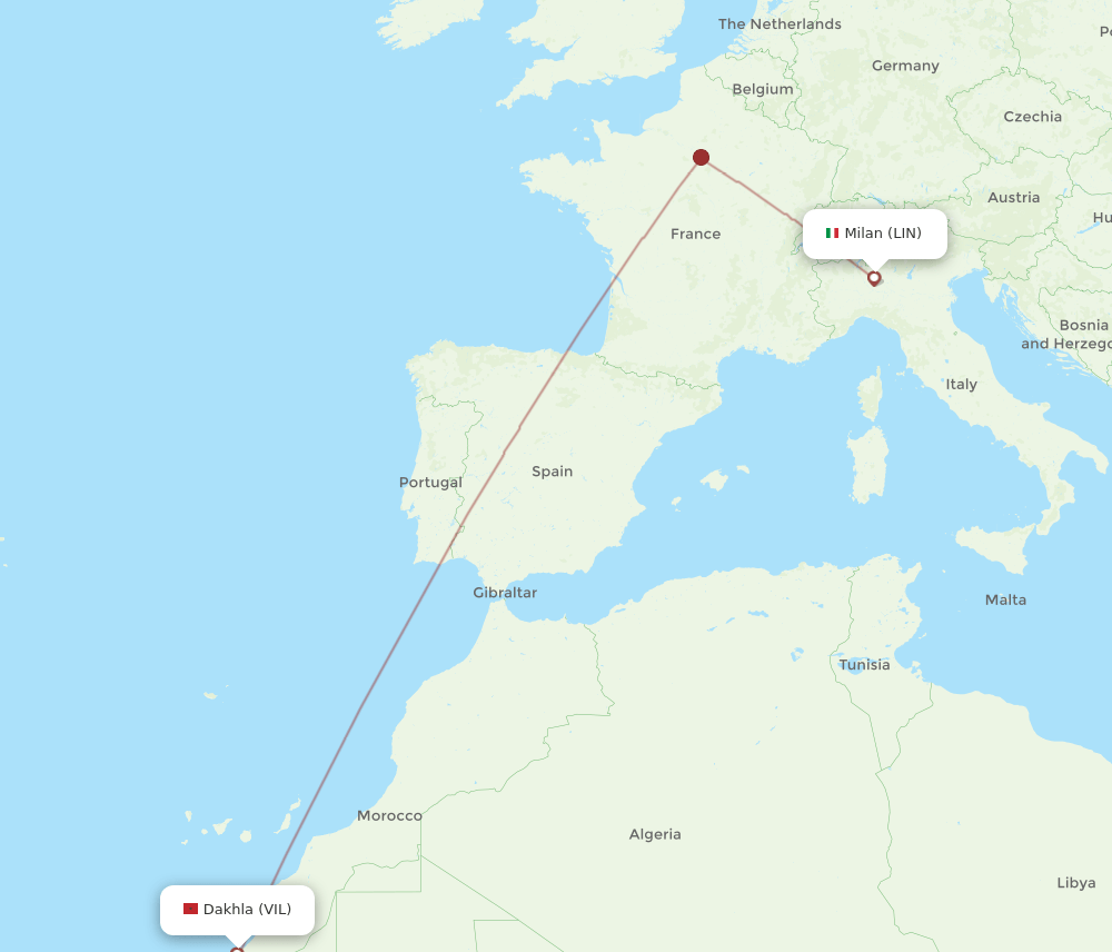 Milan - Dakhla route map and flight paths