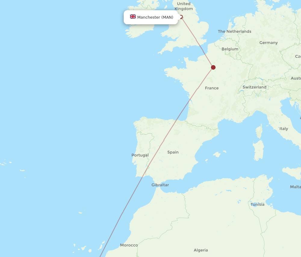 Manchester - Dakhla route map and flight paths