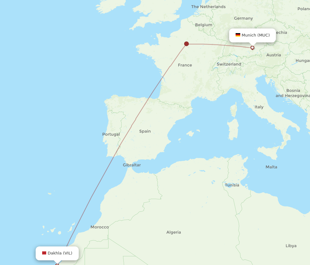 Munich - Dakhla route map and flight paths