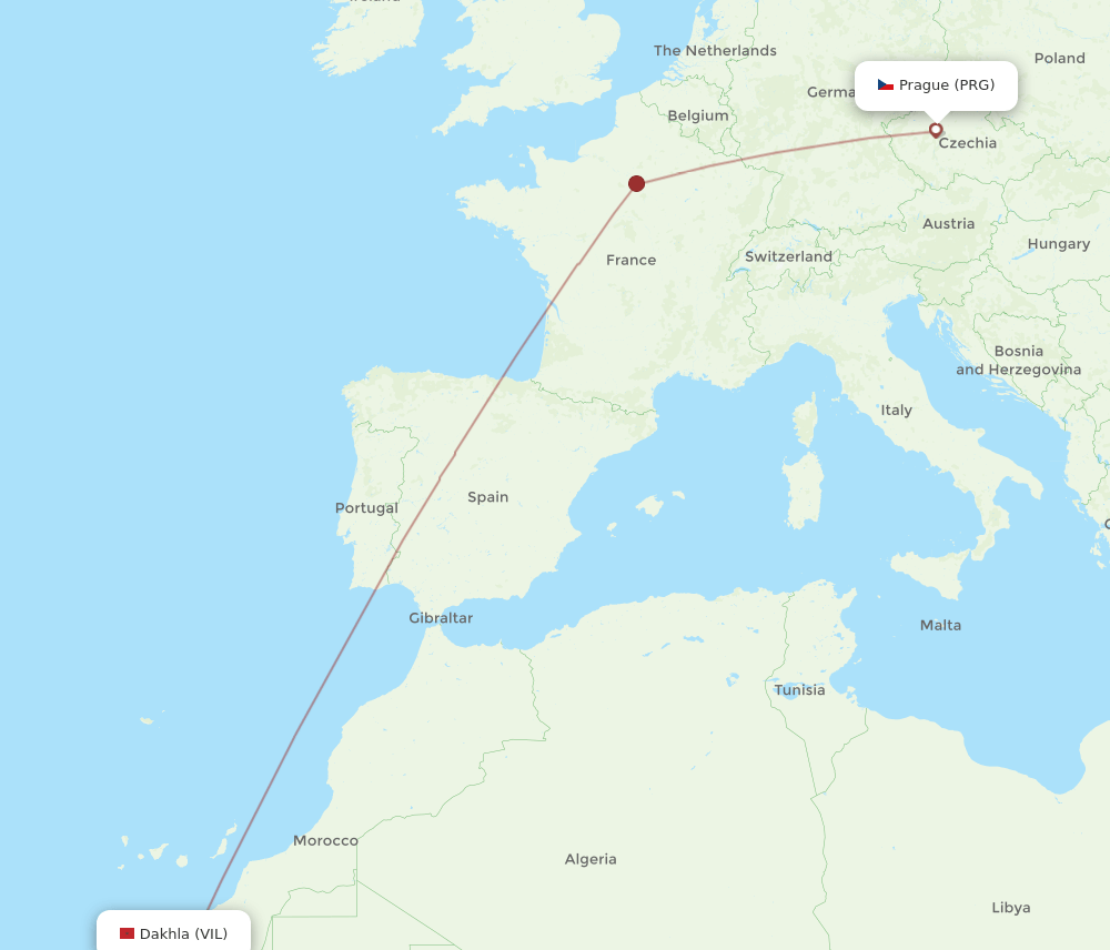 Prague - Dakhla route map and flight paths