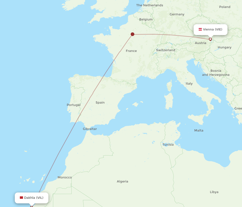 Vienna - Dakhla route map and flight paths