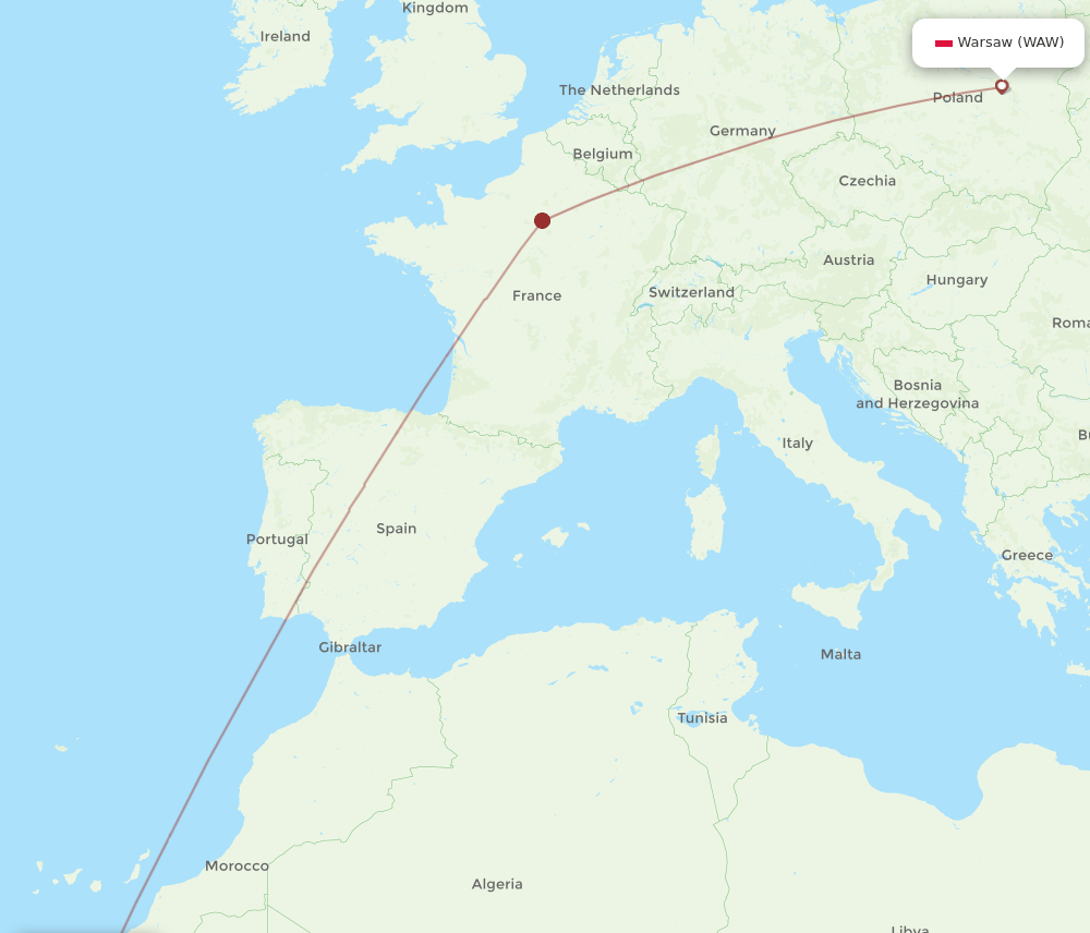 Warsaw - Dakhla route map and flight paths