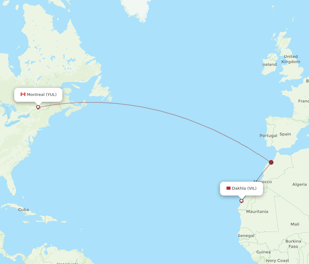 Montreal - Dakhla route map and flight paths