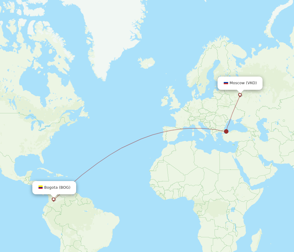 Bogota - Moscow route map and flight paths