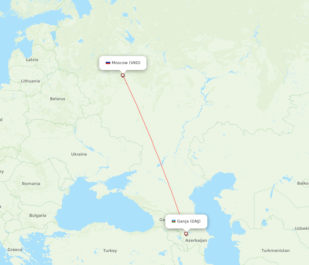 Moscow - Gyandzha route map and flight paths