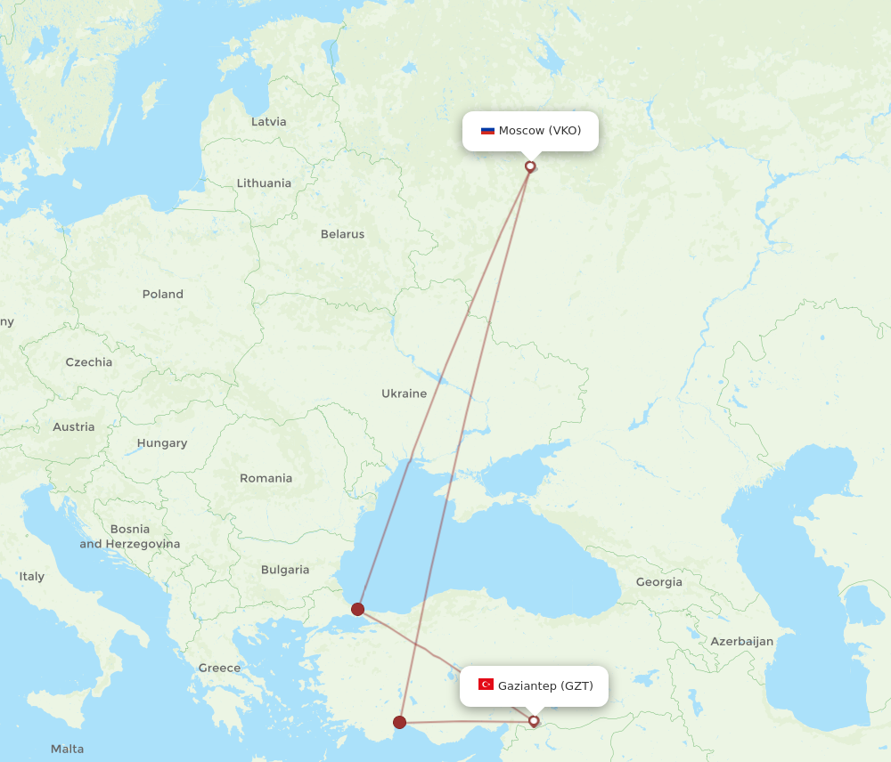 VKO to GZT flights and routes map