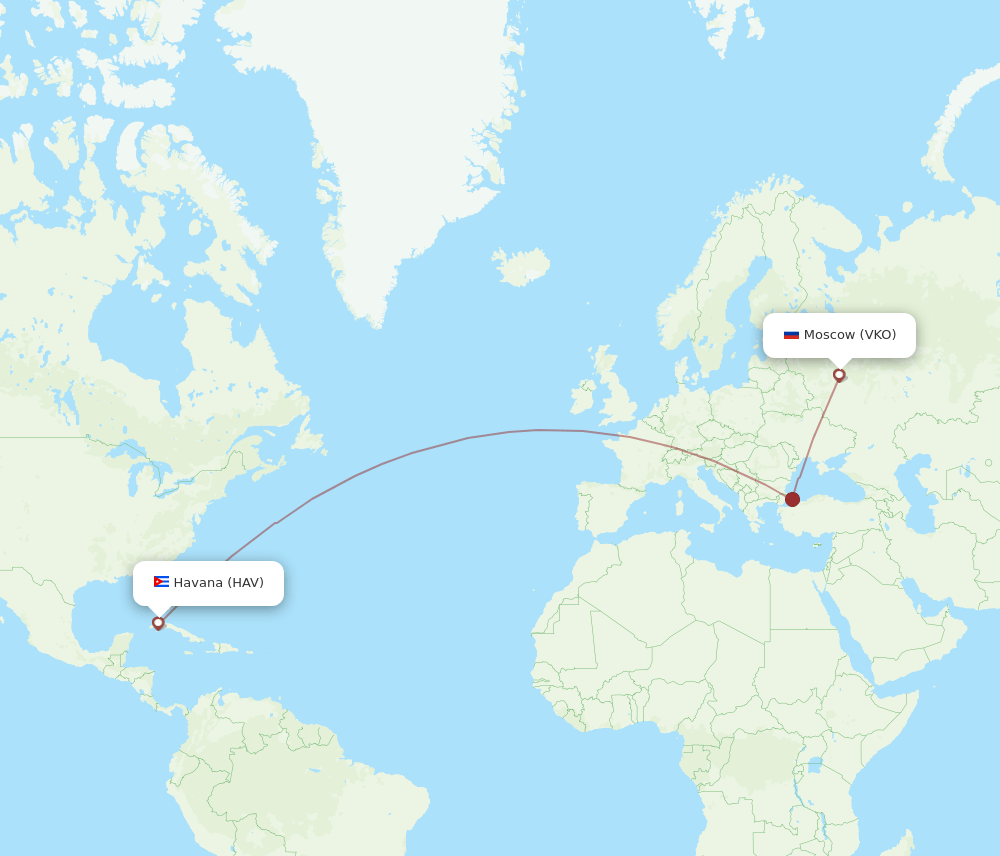 Havana - Moscow route map and flight paths