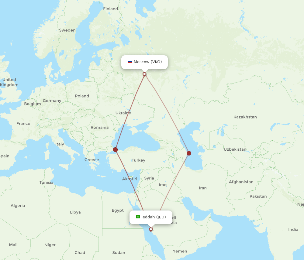 VKO to JED flights and routes map