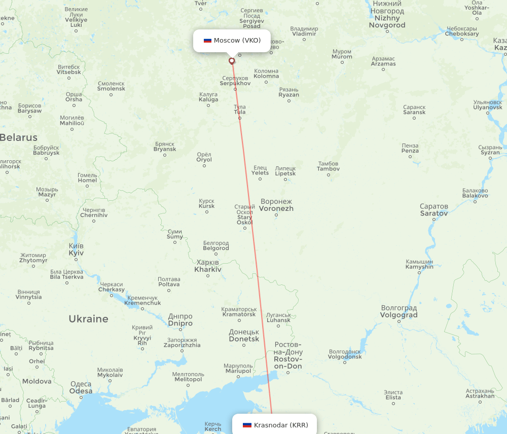 Moscow - Krasnodar route map and flight paths