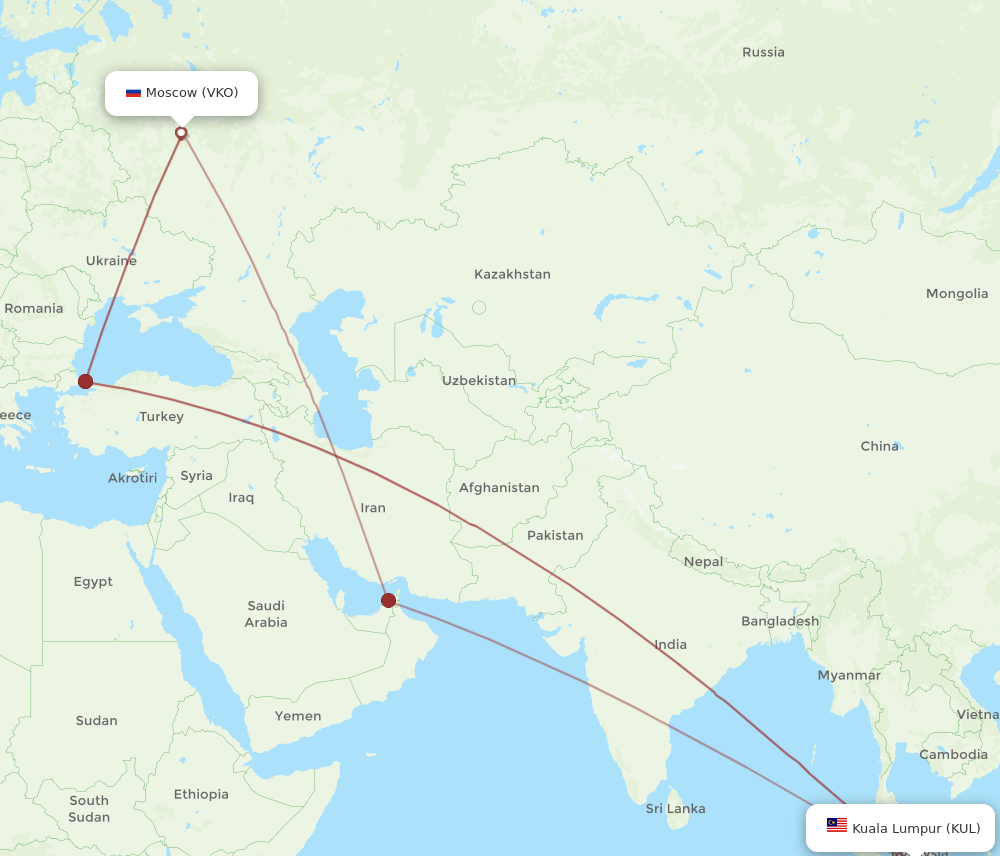 VKO to KUL flights and routes map