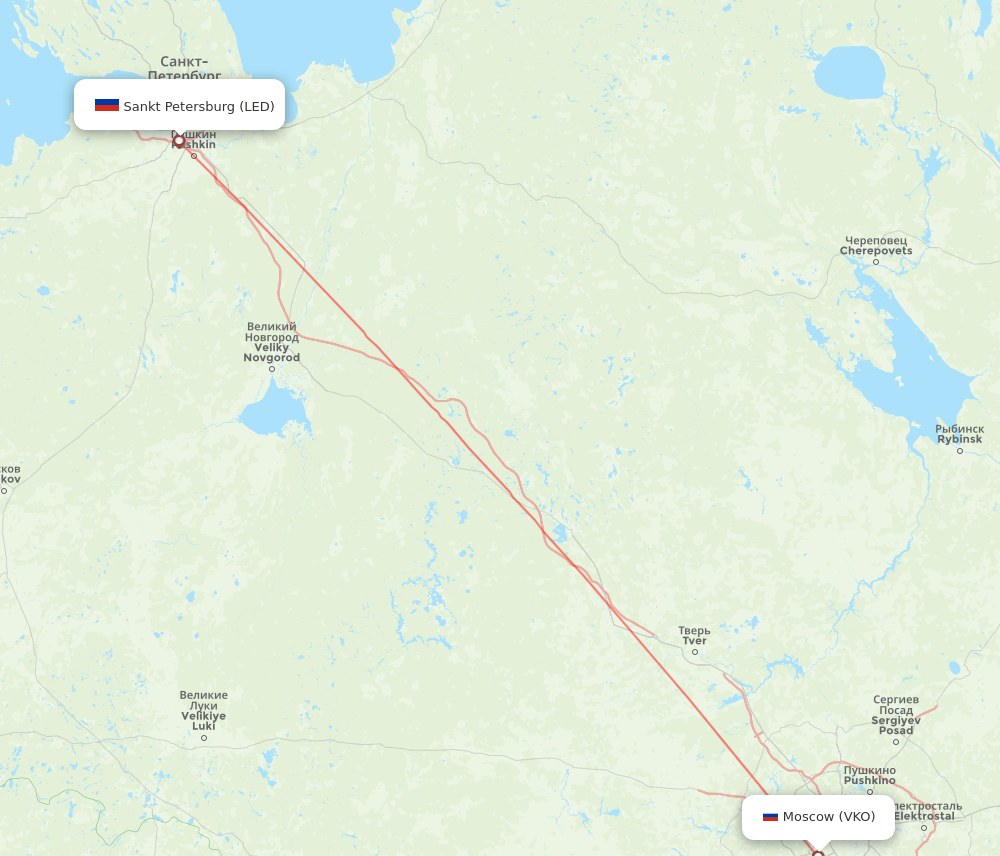 Moscow - Saint Petersburg route map and flight paths