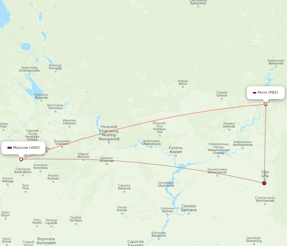 Moscow - Perm route map and flight paths