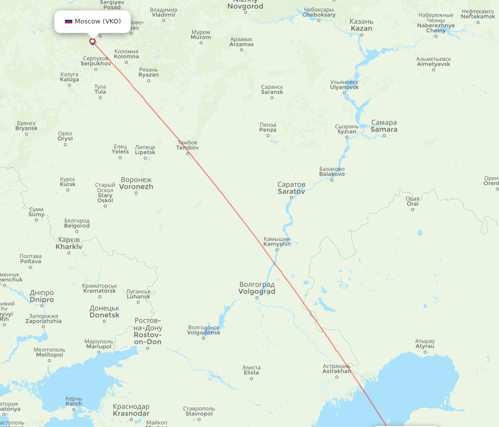 Moscow - Aktau route map and flight paths