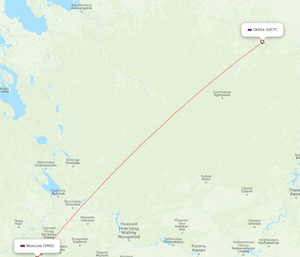 Moscow - Ukhta route map and flight paths