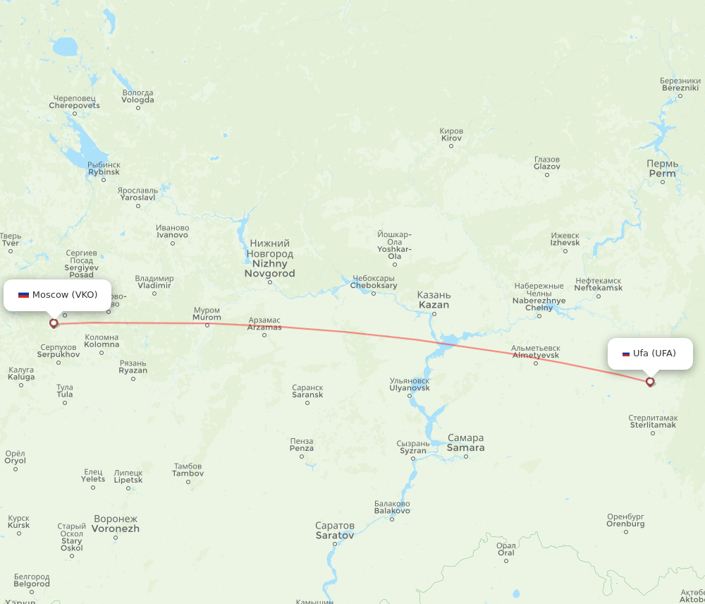 VKO to UFA flights and routes map