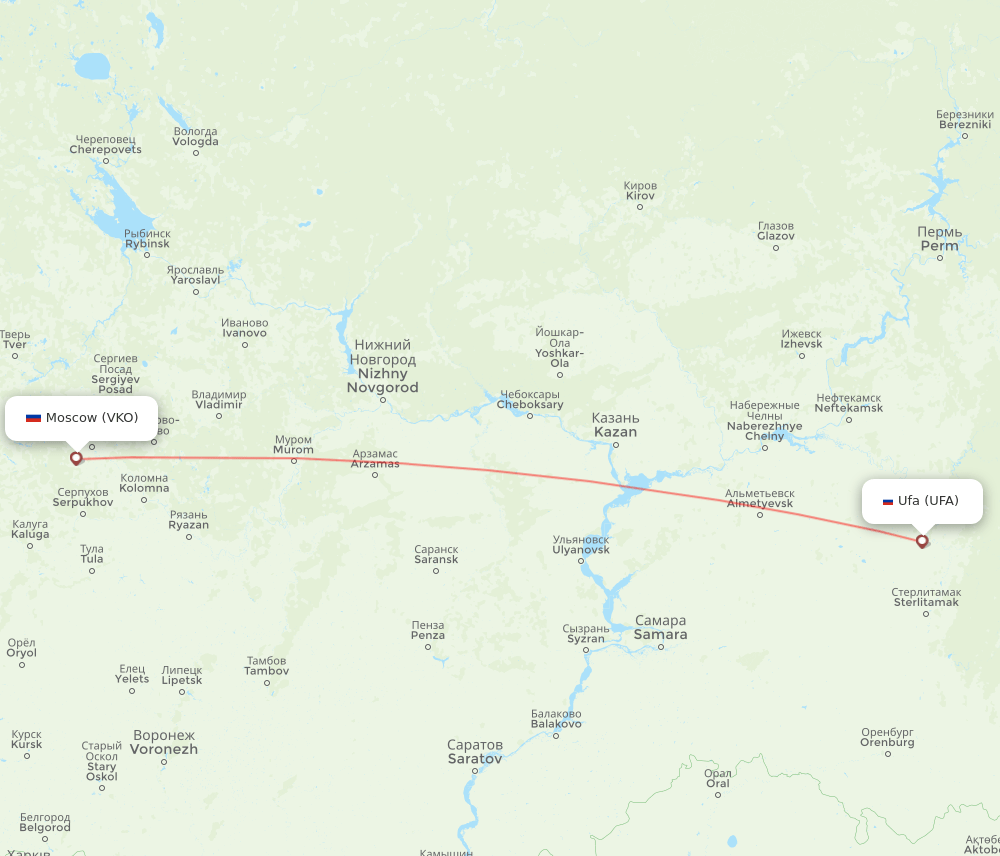 Moscow - Ufa route map and flight paths