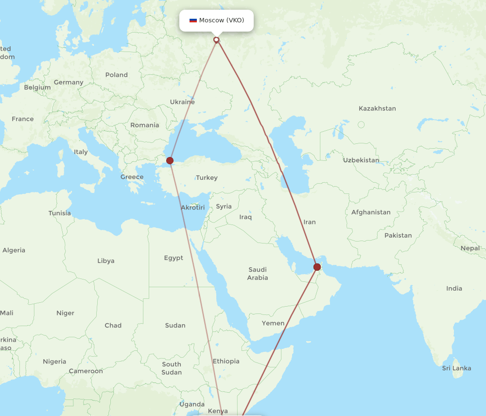 Zanzibar - Moscow route map and flight paths