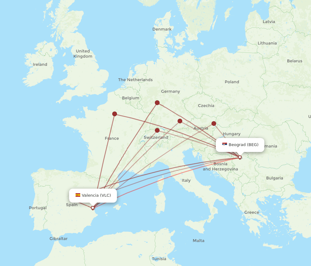 VLC to BEG flights and routes map