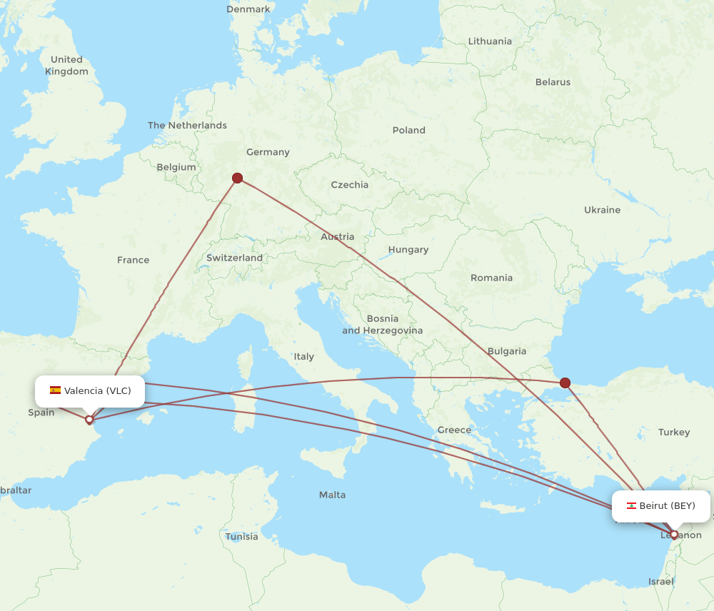 VLC-BEY flight routes