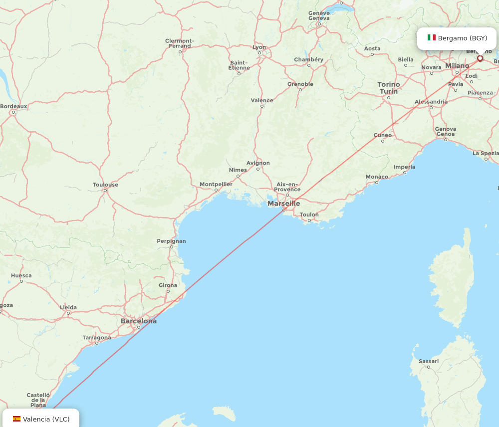 Valencia - Milan route map and flight paths