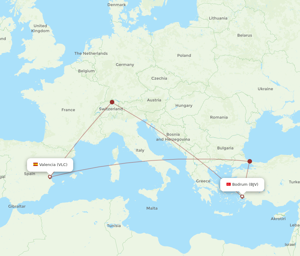 VLC to BJV flights and routes map