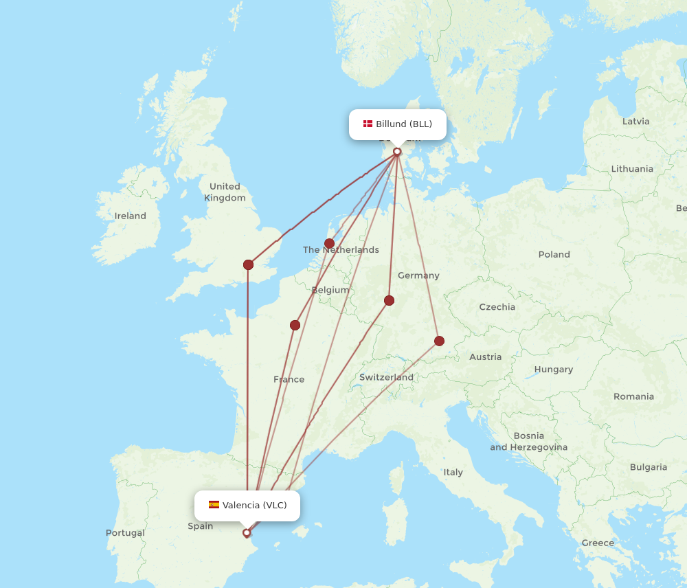 VLC to BLL flights and routes map