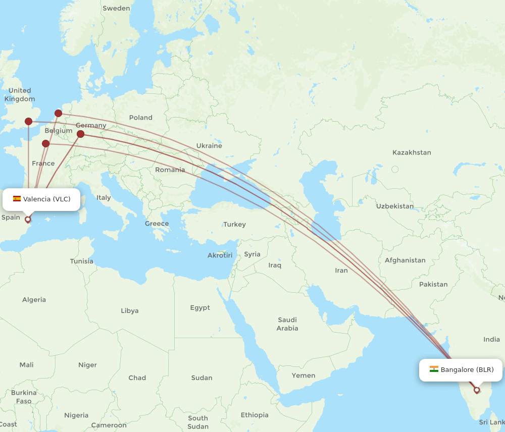 VLC-BLR flight routes