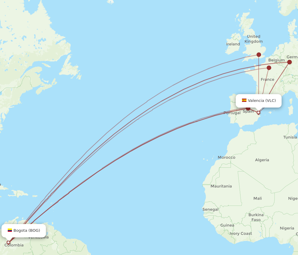 VLC to BOG flights and routes map