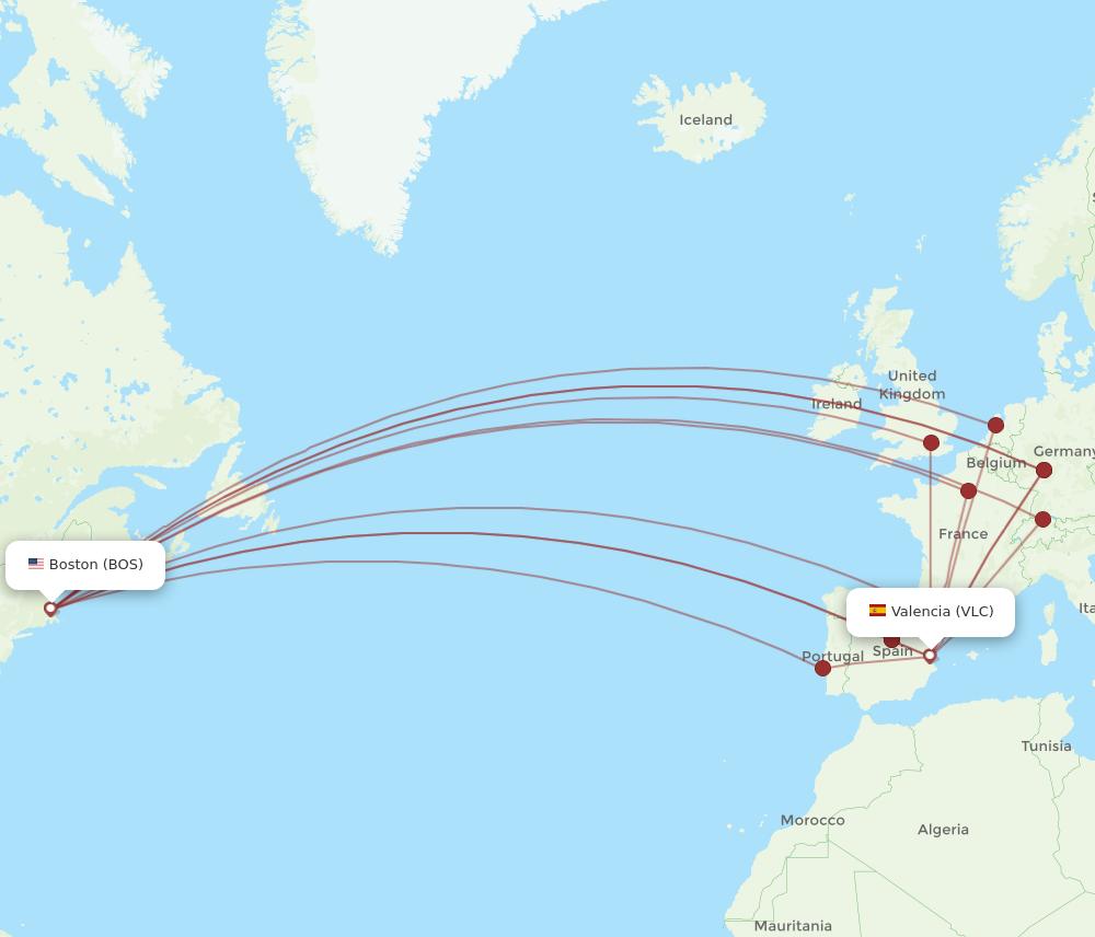 VLC to BOS flights and routes map