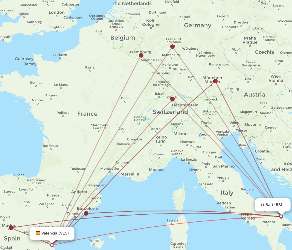 VLC to BRI flights and routes map