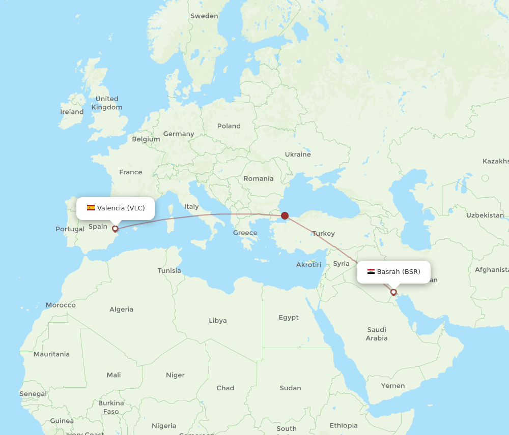 VLC to BSR flights and routes map