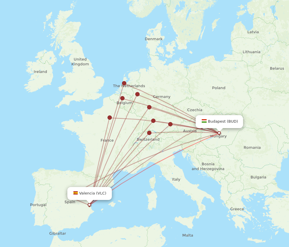 VLC to BUD flights and routes map