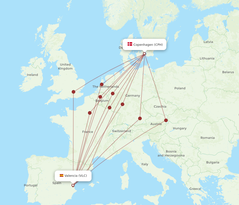 VLC to CPH flights and routes map