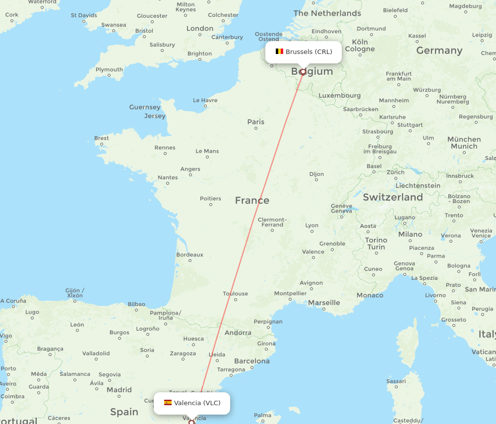 Valencia - Brussels route map and flight paths