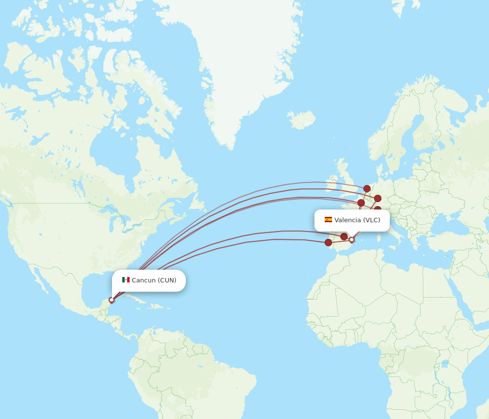 VLC to CUN flights and routes map