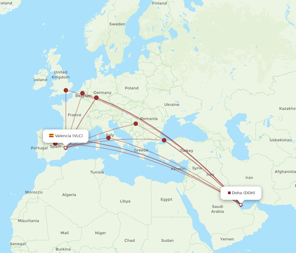 VLC to DOH flights and routes map