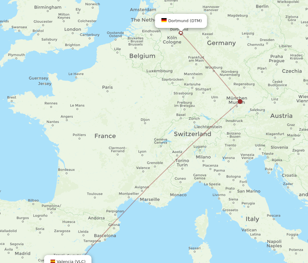 Valencia - Dortmund route map and flight paths