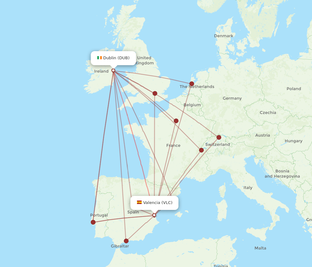 VLC to DUB flights and routes map